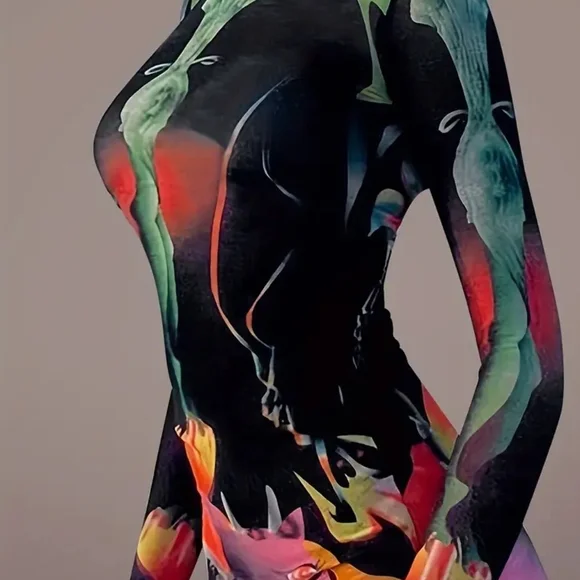 Colorful Abstract Print Long Sleeve Maxi Dress - Picture 2 of 6